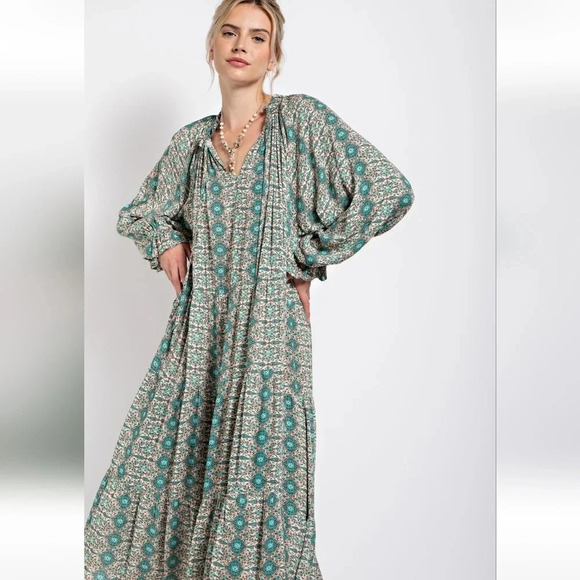 New! Easel Paisley Mint Green Printed Long Sleeve Gauze Maxi Dress - Picture 1 of 7